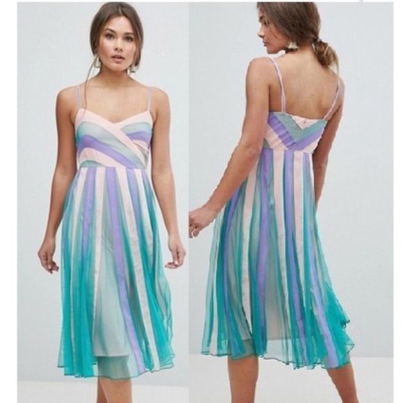 NWT ASOS Mesh Color Block Pastel Multicolor Fit & Flare Midi Dress 2 - Picture 10 of 10